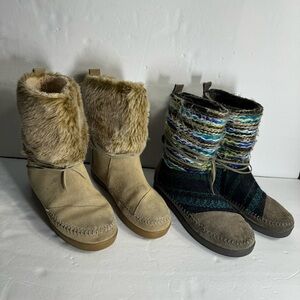 TOMS leather moccasin boots 2pair bundle tan faux fur blue gray woven women6/6.5
